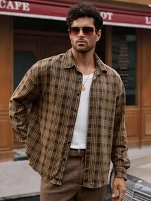 HIMLAND 男士休闲格子插肩下摆弧形下摆衬衫外套，Old Money 秋冬款 - 彩色 - 查看 3