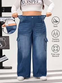 Flexra 大码女式高街运动针织牛仔工装口袋阔腿直筒裤 - 深色水洗藍 - 查看 1