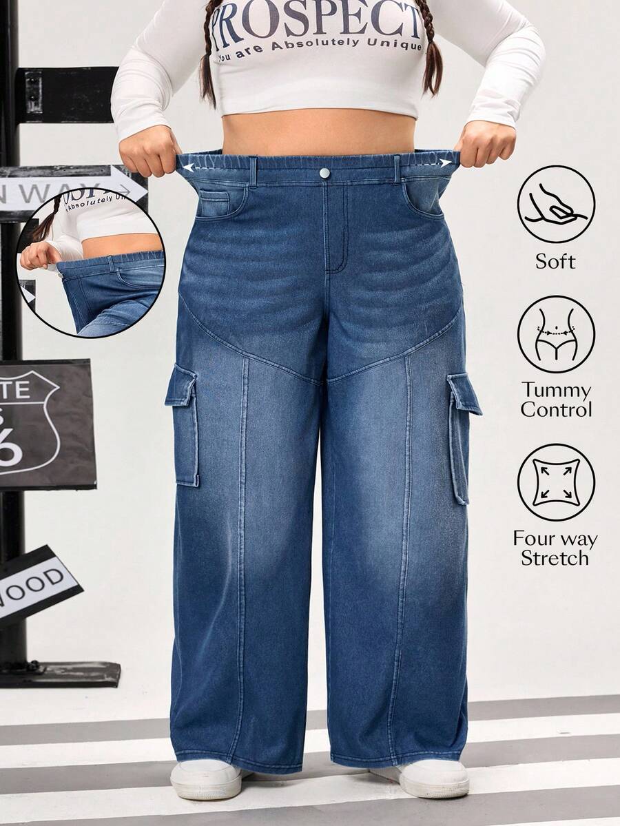 Flexra 大码女式高街运动针织牛仔工装口袋阔腿直筒裤 - 深色水洗藍 - 查看 1