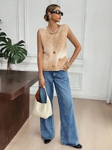 SHEIN Frenchy Women's White Autumn Casual Brunch Ombre Metal Single-Breasted Pocket Knit Sweater Vest,Gradient Coarse Sleeveless Cardigan,Retro Elegant Christmas - Multicolor - View 8