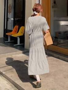 DAZY 女士休闲日常通勤简约纯色收腰层叠下摆连衣裙，夏季吊带裙 - 灰色 - 查看 2