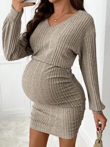 SHEIN Váy bầu dáng suông màu trơn thanh lịch khi đi làm - Màu Khaki - Xem 7
