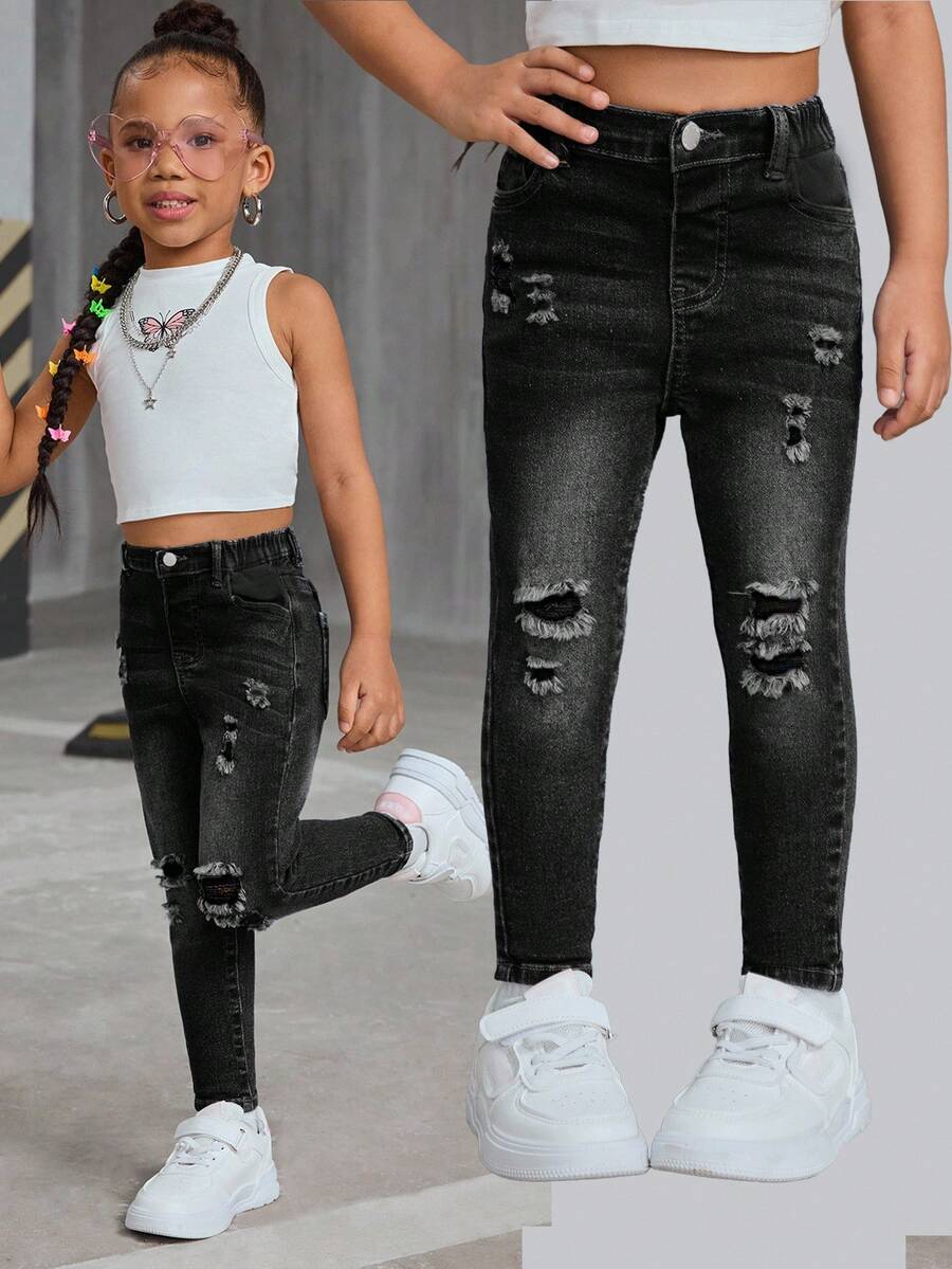 SHEIN SLAYR KIDS SLAYR KIDS Young Girls Blue Denim Ripped Jeggings,Girl Fall Clothes - Black - View 1