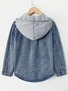 SHEIN 青少年男童时尚休闲复古Y2K老钱风灰色针织连帽拼接黑色牛仔宽松外套，适合儿童日常穿着，柔软舒适，也适合春夏、夏日派对、音乐节和海滩穿着。另有男童连帽牛仔外套、男童蓝色牛仔外套和男童连帽牛仔夹克，适合秋冬季穿着。 - 中等水洗藍 - 查看 2