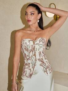 Lavishia 杏色花卉亮片抹胸派对上衣，适合秋冬新年圣诞派对，优雅亮片上衣 - 彩色 - 查看 3