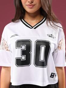 SUMWON Varsity Style Crop T-Shirt Jersey Number Lace Panel Teen Girls Back To School Casual Tee Fall Fashion Streetwear Oversized Number 30 Top - Black - View 5