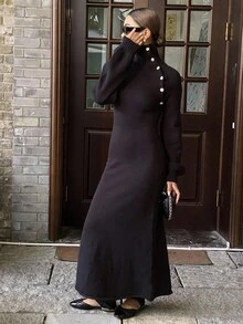 DAZY Damen Lässig einfarbiges Strickkleid, Herbst/Winter - Schwarz - Übersicht 6