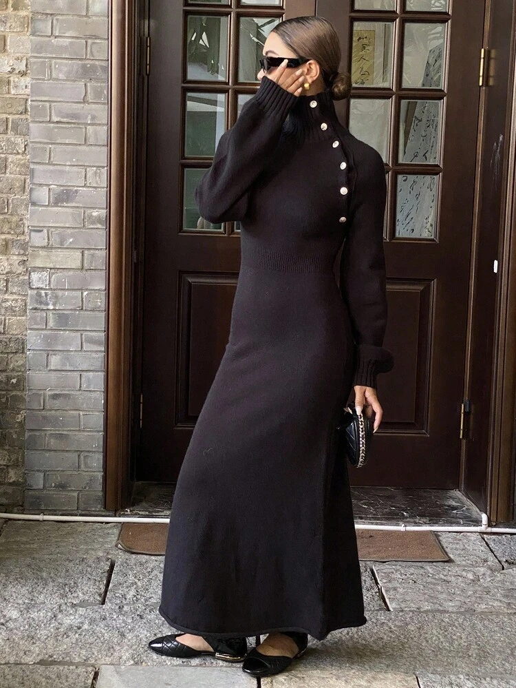 Women's Casual Solid Color Knit Sweater Dress, Autumn/Winter