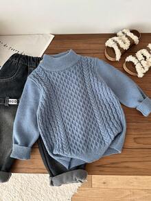 SHEIN 男童高领纹理提花复古麻花针织高领毛衣，百搭学院风，拉绒厚实面料，适合冬季 - 霧霾藍 - 查看 2