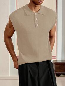 SWAVVY Áo ba lỗ tay ngắn dáng rộng thoải mái dệt kim cho nam, dành cho mùa thu đông - Màu be - Xem 6