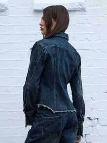 COUREZ Áo sơ mi denim dài tay có khóa kéo, màu xanh bẩn, kiểu dáng Y2K, thời trang nữ mùa thu, áo kiểu dễ thương, áo đi chơi, áo mùa đông, áo kiểu sành điệu - Màu xanh lam - Xem 3