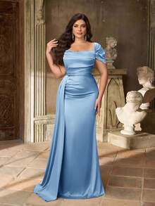 Aureia Plus Size Elegant Minimalist Green Cold Shoulder Ruched Waist Luxury Satin Mermaid Hem Bridesmaid Dress