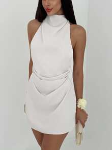 Aloruh Minimalist Backless Tie-Up Pleated Mini Apricot Dress For Women,Elegant Dresses For Women,Dresses For Women Party