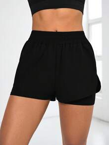 Eassivo Eassivo 女式纯色二合一休闲运动短裤（带口袋） - 黑色 - 查看 4