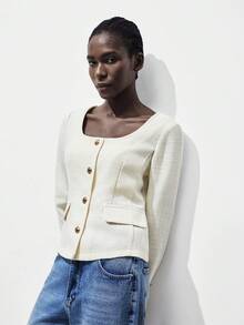 Lumivelle Elegant Commuter Solid Color Front Button Long Sleeve Jacket, Autumn Casual Spring For University Fall Winter - Apricot - View 3