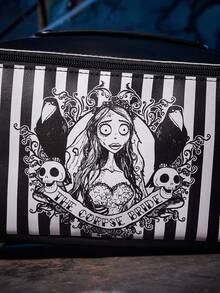 Corpse Bride X SHEIN 1 件卡通图案印花大容量可折叠 PU 皮革化妆包、多功能收纳包、小物品收纳包、旅行收纳包、数码收纳包，适合日常携带小物品、旅行、工作、化妆或学习，非常适合女性和学生；也适合婚礼、哥特式、爱情主题和维多利亚时代美学等场合。、哥特、万圣节 - 黑與白 - 查看 5