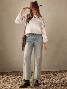 Wildy 新款秋季刺绣美式乡村休闲花卉条纹印花圆领长袖教师工作衬衫，牛仔西部衬衫 - 彩色 - 查看 2