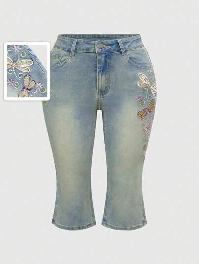 Fairycore Plus Size Women Y2k Summer Retro Dragonfly Embroidery Capri Super Low Waist Jeans