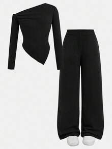 SHEIN 2pcs Tween Girls Casual Knit Asymmetric Collar T-Shirt And Wide Leg Pants Set, Suitable For Autumn/Winter, Daily Casual Wear Fall