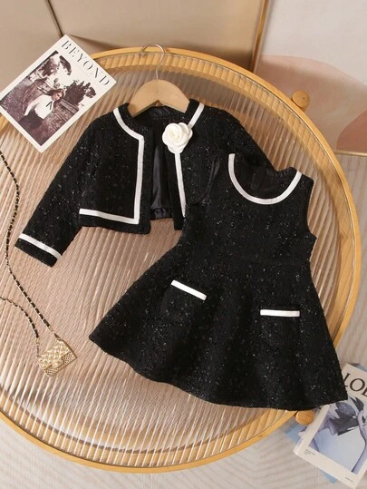 SHEIN 2pcs/Set Babygirl Elegant Black Tweed Jacket And Sleeveless Dress Outfit Baby Girl Black Tweed Outfit Black Toddler Girl Dress And Jacket Set Black Dress With White Collar Toddler Toddler Girl Black Dress White Trim Black Tweed Dress Toddler