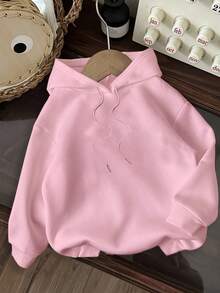 Attitoon Casual Minimalist Pink Floral & Twisted English Letter Print Loose Fit Sweatshirt For Women, Comfortable For Autumn/Winter, Fall - Baby Pink - View 2