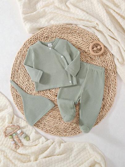 3 Stücke Neugeborenen Baby Jungen Langarm Jumpsuit mit Kapuze, einfarbiger Stoff, süßer Stil