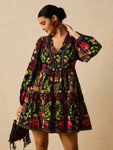 Travachic Đầm ngắn tay phồng cổ chữ V in họa tiết màu xanh navy cỡ lớn, thắt eo khoét lưng khoét nơ, phù hợp cho kỳ nghỉ, tiệc tùng, đi chơi - Màu xanh hải quân - Xem 6