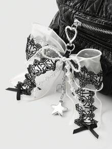 ROMWE Kawaii 1 件 Y2K 风格手工串珠钥匙扣，配人造珍珠、黑白蕾丝蝴蝶结、心形、星形吊坠装饰，复古哥特式时尚配饰，适合女士、女孩日常穿着、节日礼物、万圣节 - 多色-23 - 查看 2