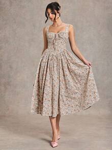 SHEIN BAE 优雅女士花卉印花无袖连衣裙，适合约会、度假、茶会、夜店和聚会 - 紅色 - 查看 5