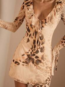 SHEIN BAE Váy dài tay buộc trước họa tiết da báo dành cho nữ - Màu be - Xem 7