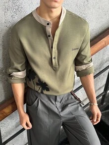 SWAVVY Men's Floral Print Casual Polo Shirt, Long Sleeve, Round Neck, Fall - Coffee Brown - View 2