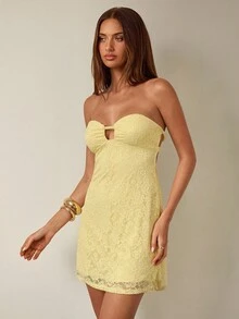 SHEIN BAE Women's Simple Solid Color Lace Camisole Dress, Party Cocktail Dress, Formal Occasion Party Dress, Wedding Bridesmaid Dress For Women, Birthday Dress,Autumn Women's Clothing,Yellow Lace Tube Top Dress,Autumn Dress,Open Back Details,Sexy Tube Top Yellow Lace Dress