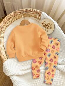 SHEIN 南瓜、叶花、可爱鬼魂图案柔软厚针织圆领长袖卫衣和紧身裤套装，适合秋冬外出、街头风格、居家、万圣节派对、女婴 - 彩色 - 查看 2