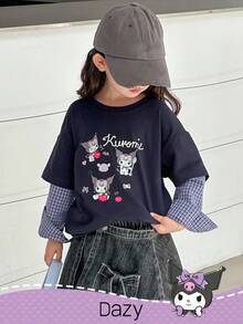 DAZY HELLO KITTY AND FRIENDS | SHEIN 小女孩圆领针织卡通印花格子拼布长袖T恤，秋季 - 藍色 - 查看 6