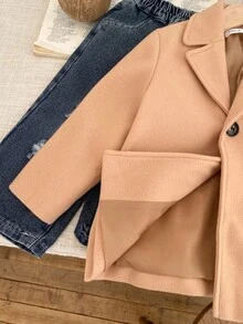 SHEIN 秋冬纯色休闲宽松长袖口袋青年男童大衣 - 棕色 - 查看 6