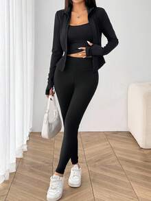 SHEIN EZwear Black Knit Women Zip-Up Cardigan + Camisole + Pants 3Pcs Sportswear Set - Black - View 5