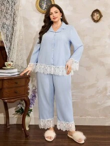 Côtesoire Bộ đồ ngủ tay dài phối ren nhiều màu thanh lịch cỡ lớn kèm quần dài, trang phục thu đông - Màu xanh lam - Xem 3