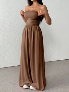 SHEIN Unity 休闲百褶宽松连体裤，四季皆宜 - 卡其色 - 查看 5