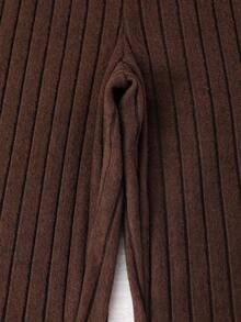 SHEIN Sparklyn 2pcs Vintage Casual Set: Fitted Striped Lapel Fuzzy Long Sleeve Button-Up Cardigan Top And Solid Color Flare Pants For Teen Girls, Fall, Fall Outfits - Brown - View 5