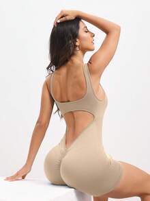 Dewbera Dewbera 女款極簡純色露背連身褲，卡其色夏季運動休閒健身米色連身褲，收腹壓力貼身無縫設計 - 駝色 - 查看 3