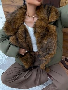 Muchica 绿色毛领女式休闲长袖棉服 - 軍綠色 - 查看 1