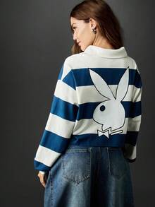Missguided x Playboy Vintage Inspired Oversized Rugby Polo Crop Top With Striped Pattern Retro 1953 Print Collegiate Style Collared Long Sleeve Casual Fall Winter Top - Blue and White - View 2