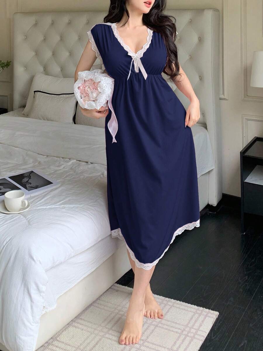 女式夏季深V领蝴蝶结蕾丝边无袖睡袍 - 藏蓝色 - 查看 1