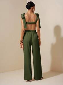 Zivah Beach New Spring And Summer Casual Holiday Bowknot Shoulder Straps Chest-Wrapped Heart Collar Cropped Top + Wide-Leg Super Trousers Apricot Women's Two Pieces Se,Textured Fabric Material - Green - View 2