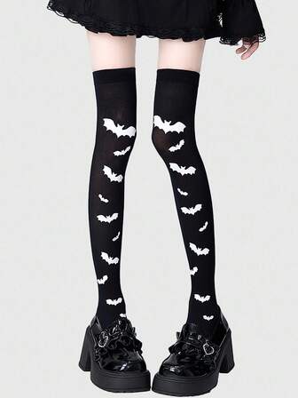 Grunge Punk 1 par de calcetines altos estilo gótico y punk oscuro con estampado de murciélago