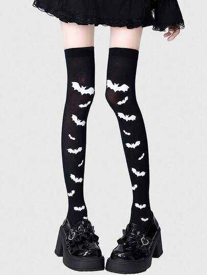 Grunge Punk 1 Pair Gothic Style Dark Punk Bat Print Thigh High Socks