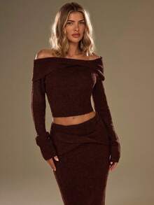 SHEIN BAE Áo len crop dáng ôm, màu trơn thanh lịch, hở vai, thích hợp cho nữ mùa thu, áo len mùa thu, áo len nữ mùa đông, áo len Halloween, áo len Giáng sinh, áo hở vai, áo len hở vai, áo kiểu dễ thương, áo sinh nhật cho nữ, áo len màu nâu. - Cà phê nâu - Xem 8