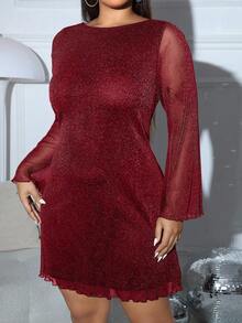 SHEIN EZwear 大码女式闪亮透明面料圆领喇叭袖短款连衣裙，适合游轮派对、早午餐、爱与柠檬水 - 酒紅色 - 查看 4