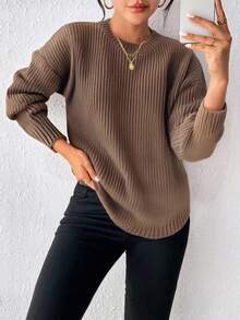 EMERY ROSE Women's Casual Solid Color Ribbed Crew Neck Sweater Fall Winter Cloth For Women - Brown - View 3