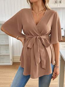 SHEIN Casual Solid Color V-Neck Ruffle Trim Maternity Shirt With Belt - Mocha Brown - View 3